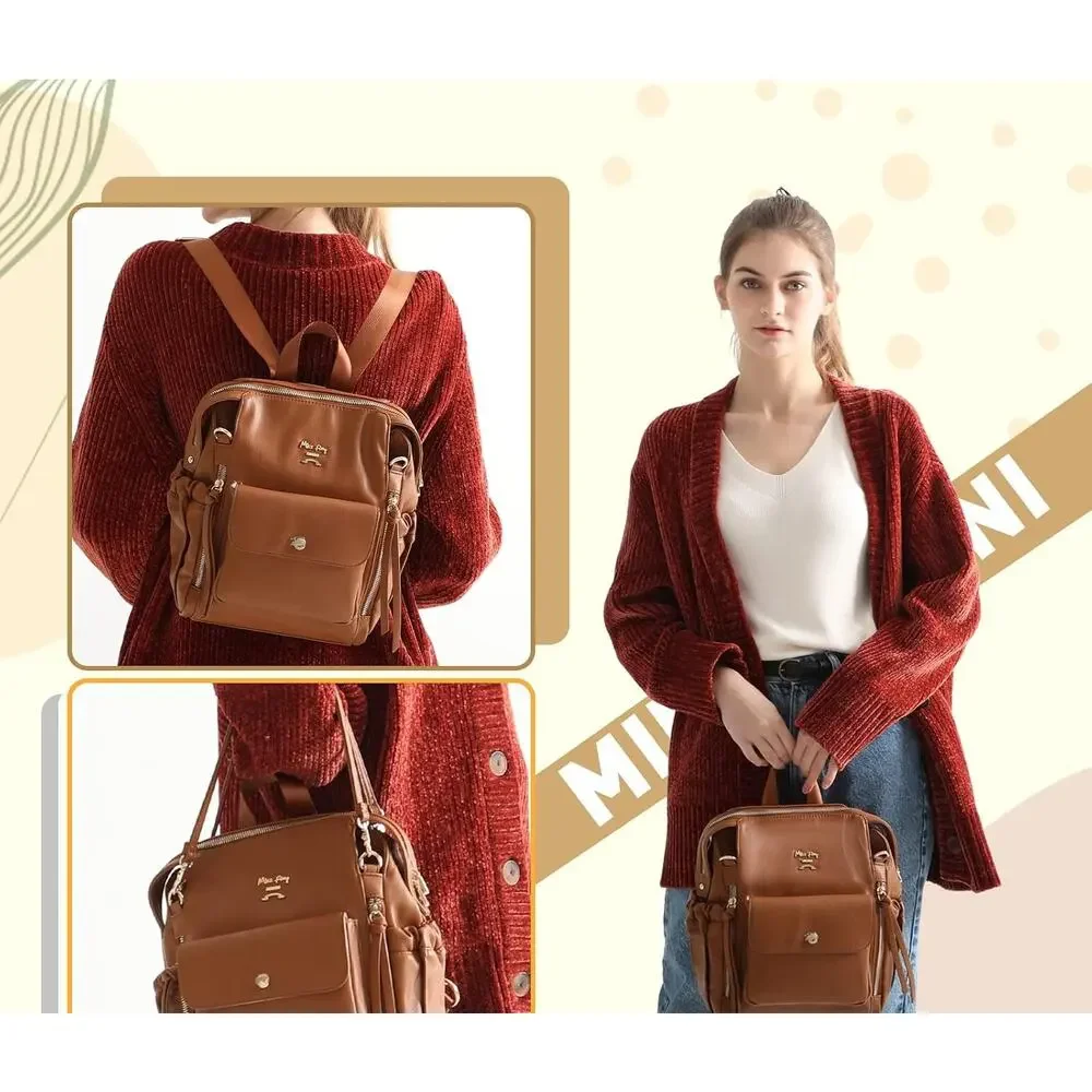 miss fong Small Diaper Bag, Mini Dackpack Leather Diaper Bag (Brown)